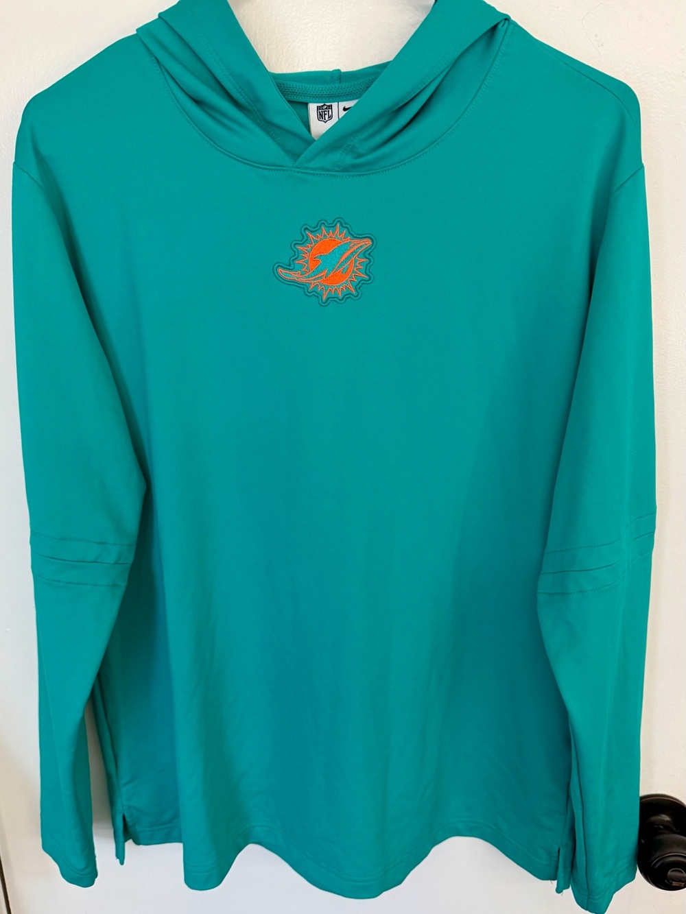 NFL Miami Dolphin’s Sideline NikeTeal Pullover Hoodie with Orange Dolphins Logo